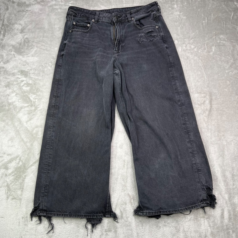 American Eagle Jeans Womens 12 Short‎ Black Super High Rise Baggy Wide Leg Ankle